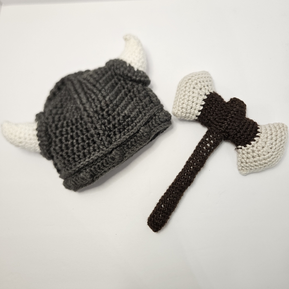 Newborn Photography Handmade Viking Hat and Axe Set - Gray and Brown